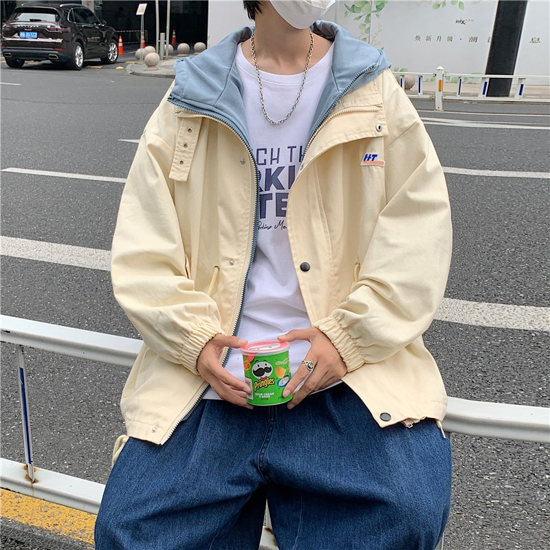 港风秋冬男夹克假两件连帽工装字母印花贴标外套J,男装夹克,星座1013-1