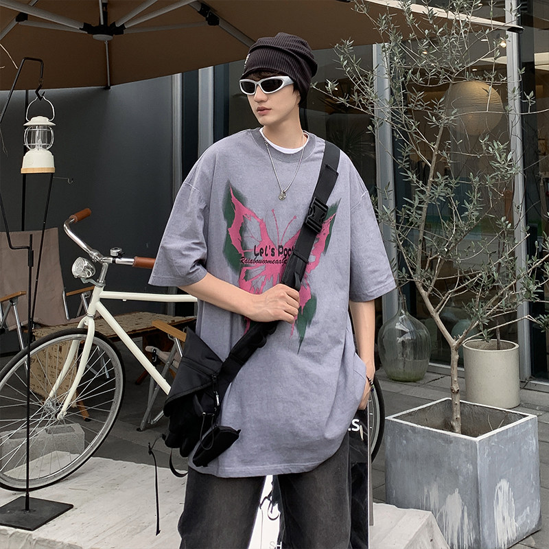 夏款男短袖T恤纯棉水洗蝴蝶扎染字母印花T恤衫T113P40,男装T恤,星座1013-1