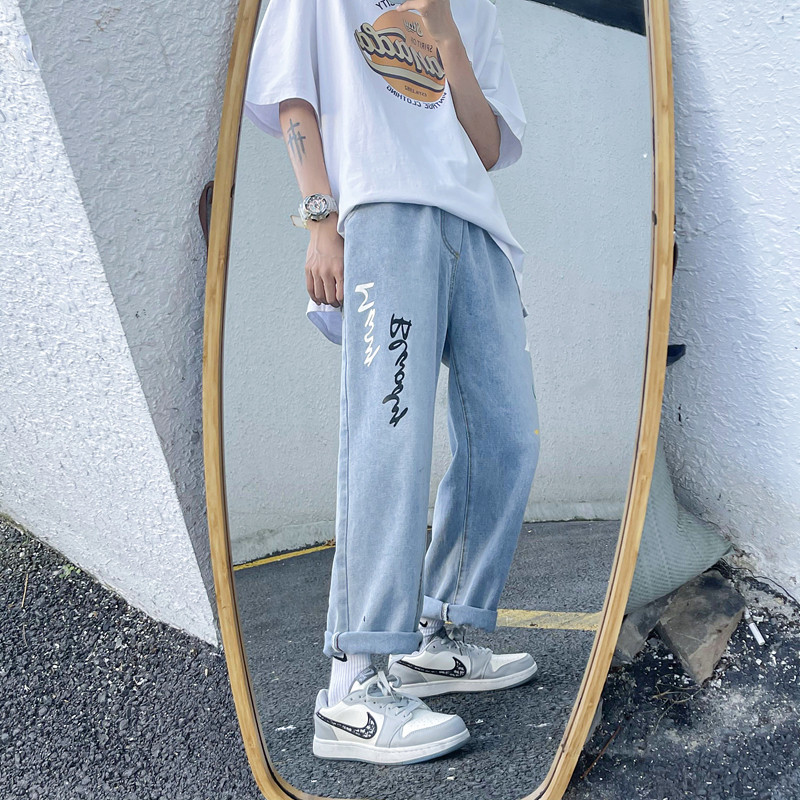 港风夏季男牛仔裤字母印花直筒潮九分裤nk2211P40,男装牛仔裤,星座1013-1