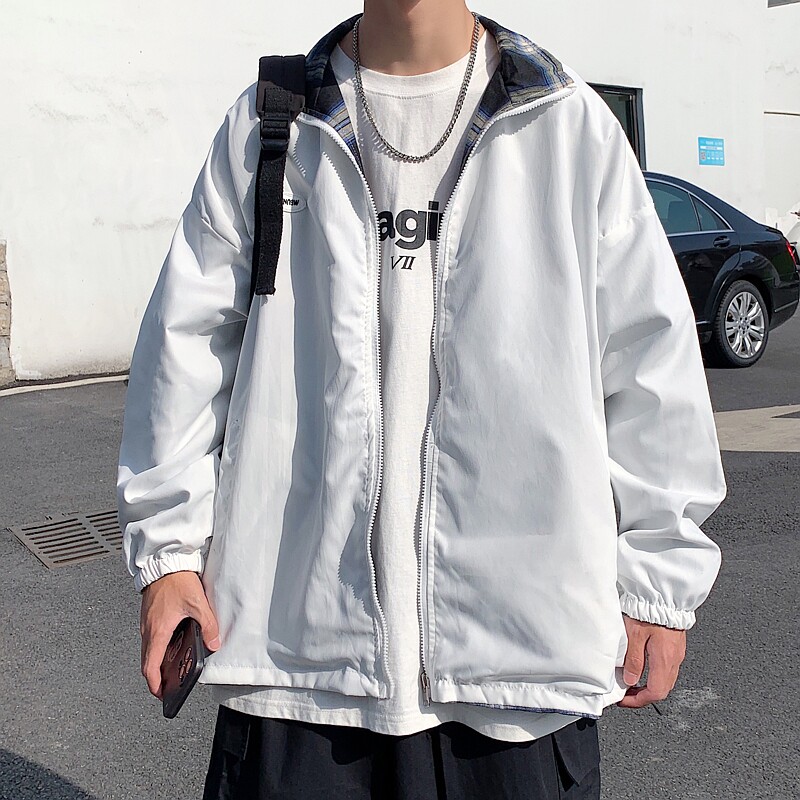 港风秋款款男夹克两面穿格子拼接拉链贴标外套J,男装夹克,星座1013-1