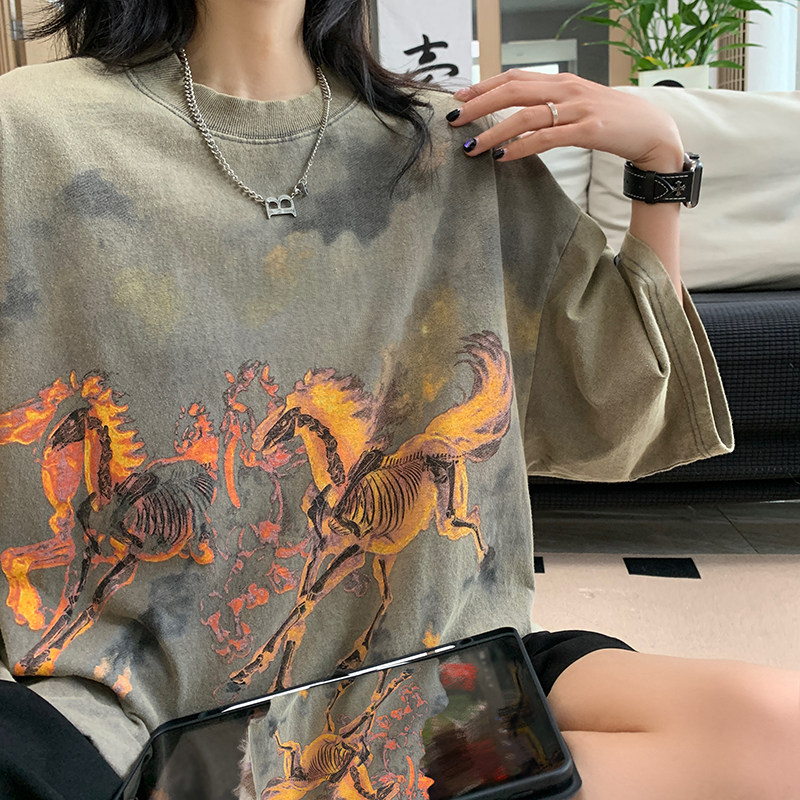 夏男短袖T恤水洗胶印字母印花画骏马涂鸦五分袖T恤衫T021P45,男装T恤,星座1013-1