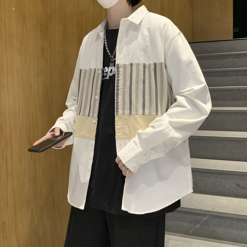 2022港风春款男长袖衬衫工装条纹拼接休闲翻领衬衣外套CS1135,男装衬衫,星座1013-1