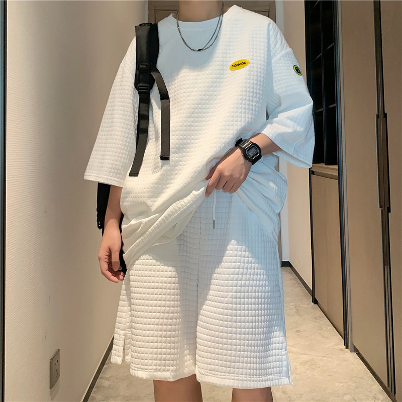 港风套装男华夫格短T恤情侣贴标休闲短裤两件套TZ7802P40,男装休闲套装,星座1013-1
