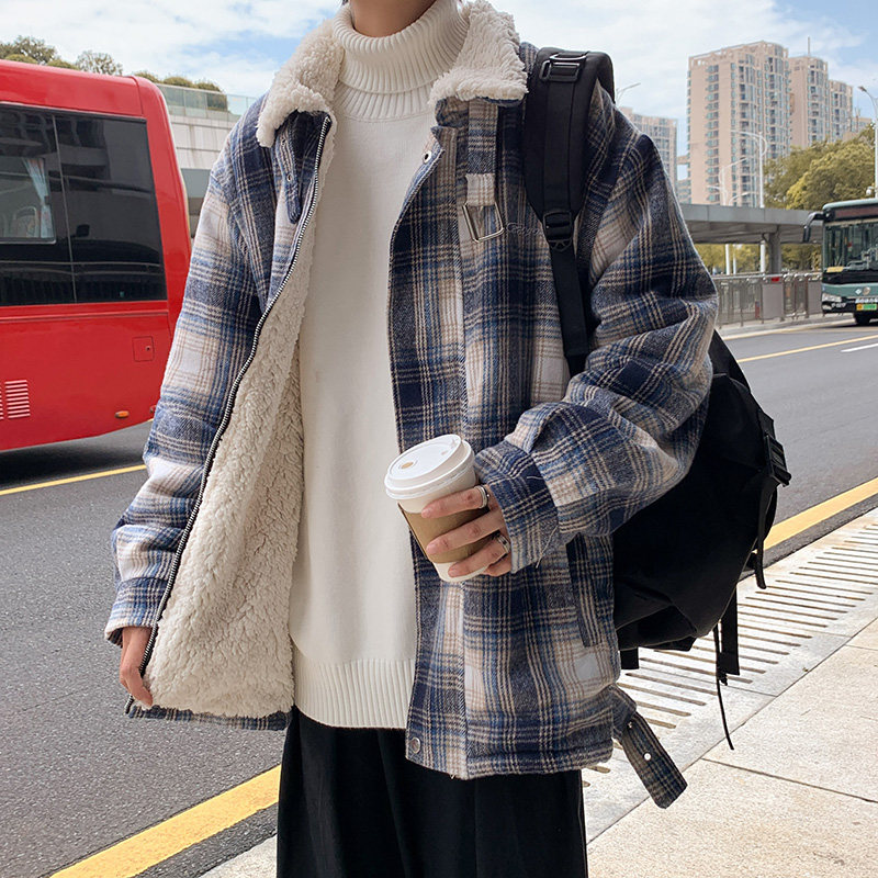 港风高品质冬男棉衣羊羔毛领格子加绒加厚保暖棉袄外套Y7801,男装棉衣,星座1013-1