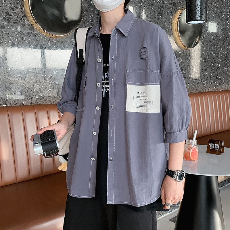 港风夏款男短袖七分袖破洞工装衬衫宽松贴标印花衬衣CS236,男装衬衫,星座1013-1