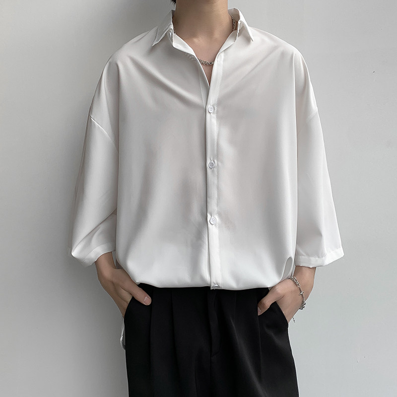 港风夏款男短袖衬衫四面弹丝滑纯色七分袖休闲衬衣CS16P33,男装衬衫,星座1013-1