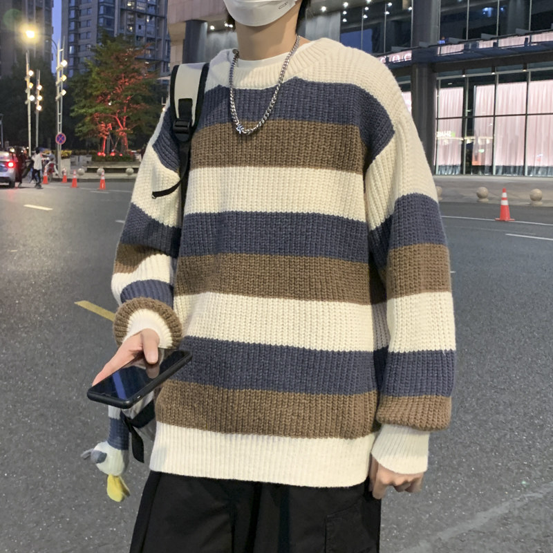 港风秋冬款男毛衣圆领套头条纹格拼接加厚打底线衣外套M66,男装针织衫/毛衣,星座1013-1