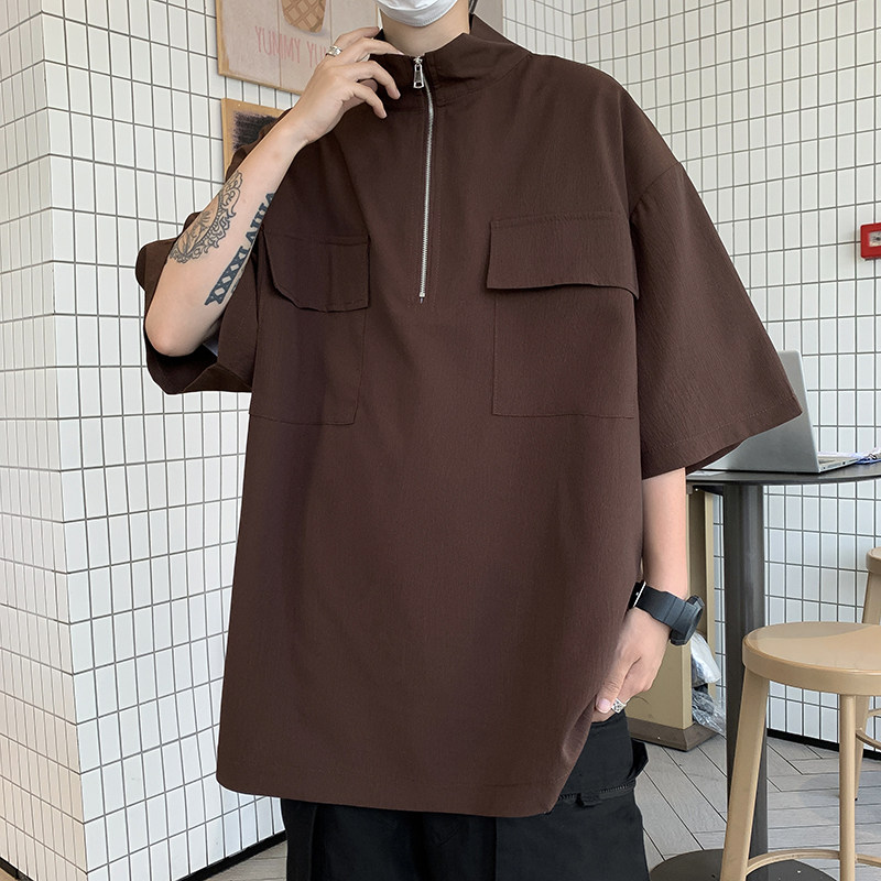 港风夏款男短袖POLO衫工装大口袋拉链立领衬衫休闲T恤衫T035P35,男装T恤,星座1013-1