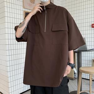 港风夏款男短袖POLO衫工装大口袋拉链立领衬衫休闲T恤衫T035 P35图片
