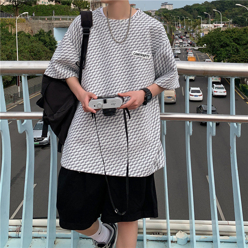 港风夏短袖T恤字母贴标华夫格宽松百搭五分T恤衫T329 P35图片