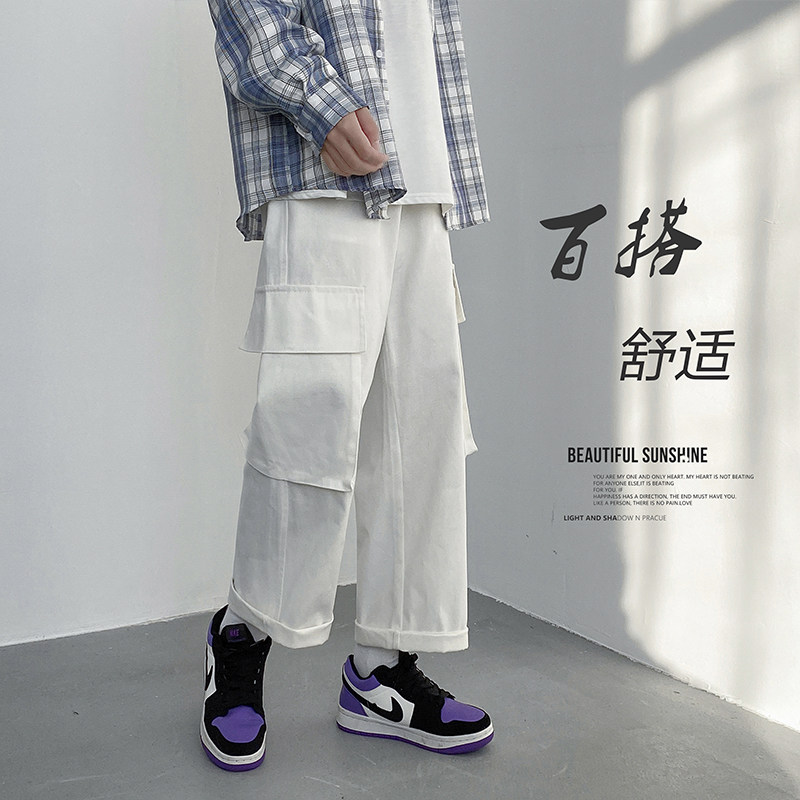 2022港风春款男工装裤大口袋宽松阔腿字母印花九分裤h63,男装休闲裤,星座1013-1
