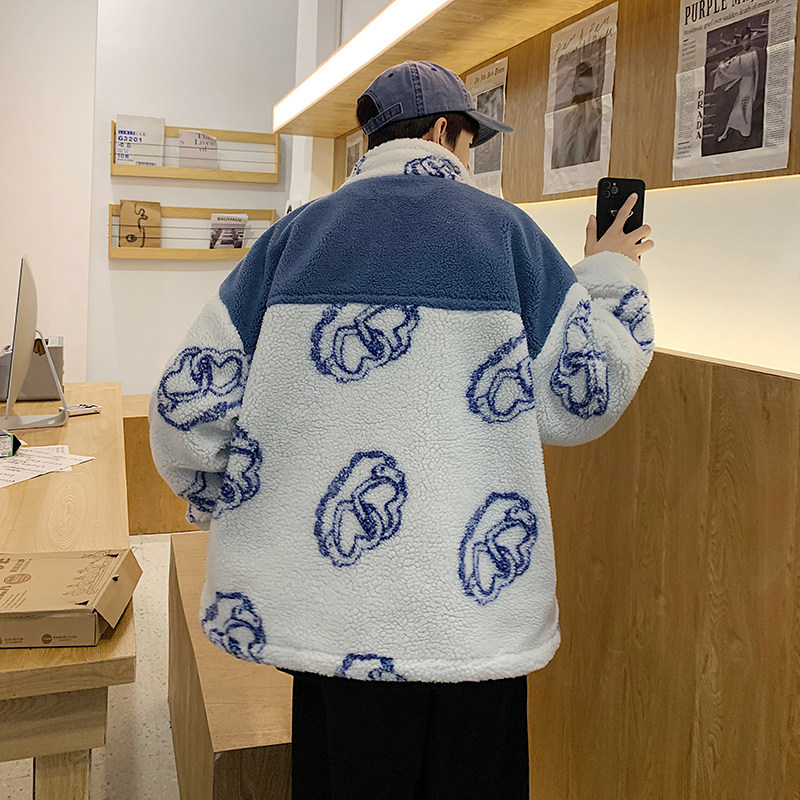 港风秋冬款男棉衣立领保暖羊羔拼接印花棉袄外套Y602,男装棉衣,星座1013-1