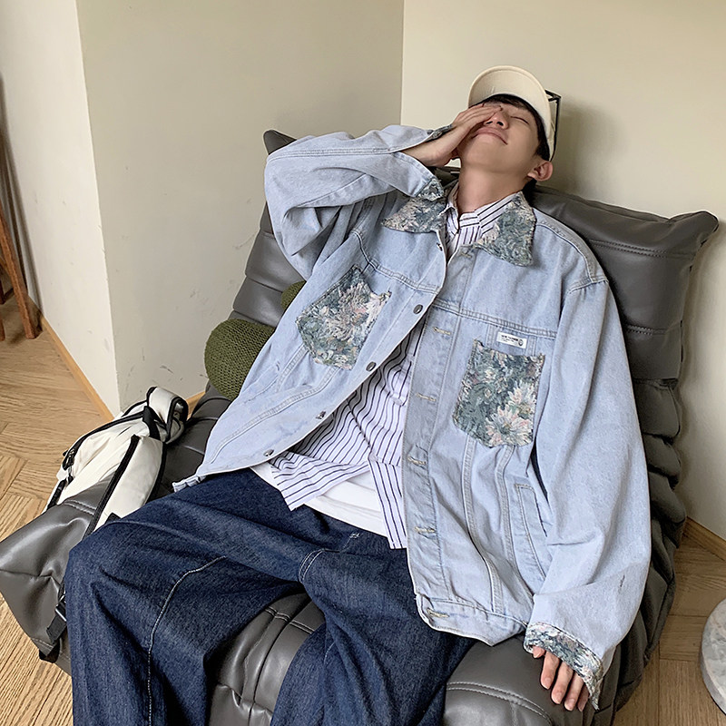 港风秋款男牛仔夹克衫迷彩拼接字母贴标外套JK010P65,男装夹克,星座1013-1
