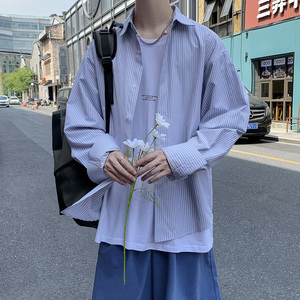 港风韩版男条纹长袖衬衫百搭休闲衬衣CS813  P35图片