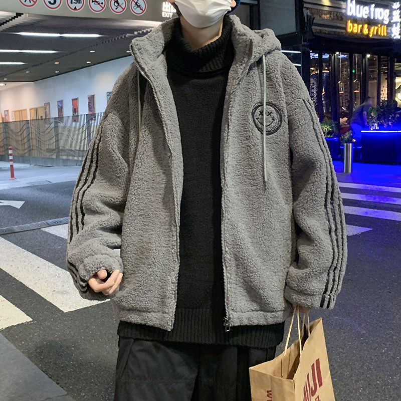 港风秋冬男棉衣连帽保暖羊羔毛笑脸印花条纹拼接外套Y8906,男装棉衣,星座1013-1