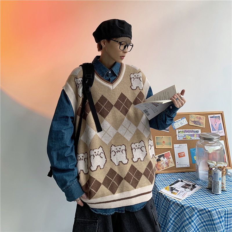 港风秋冬男V领毛衣套头休闲背心卡通动物印花马拼接马甲M5004P40,男装背心/马甲,星座1013-1