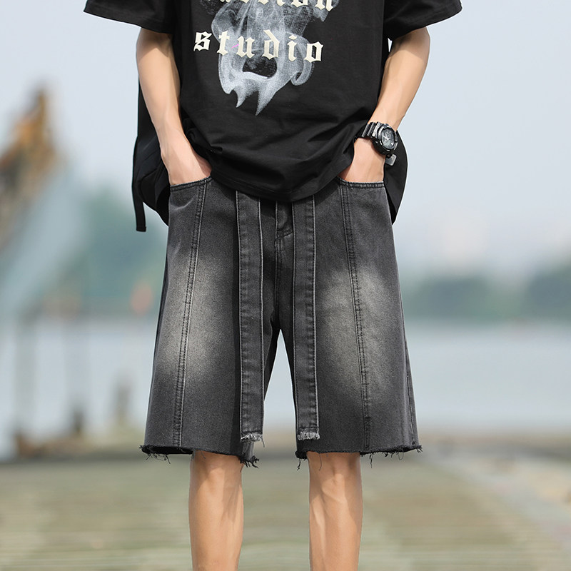 港风夏款男牛仔短裤流苏拼接渐变色休闲中裤长腰带D8046P45,男装牛仔裤,星座1013-1