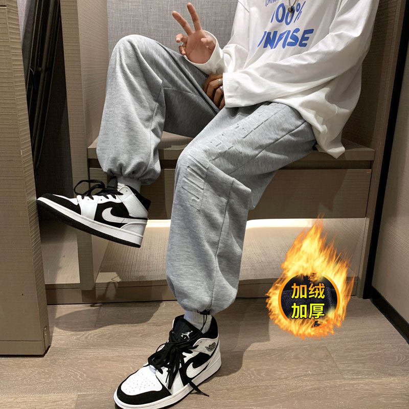 港风秋冬款男抽绳卫裤加绒加厚情侣保暖休闲九分裤h52加绒图片