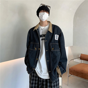 港风秋款男牛仔夹克衫工装牛仔贴标男休闲外套J