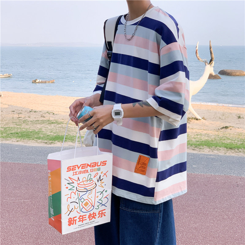 港风夏短袖T恤条纹贴标休闲五分袖T恤衫T309 P25图片