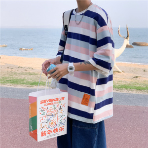 港风夏短袖T恤条纹贴标休闲五分袖T恤衫T309 P25图片