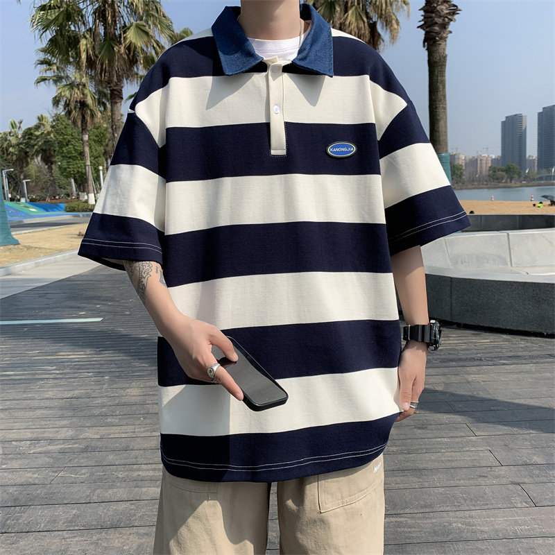 夏款男短袖POLO衫条纹拼接字母小贴标T恤衫T13P35,男装T恤,星座1013-1