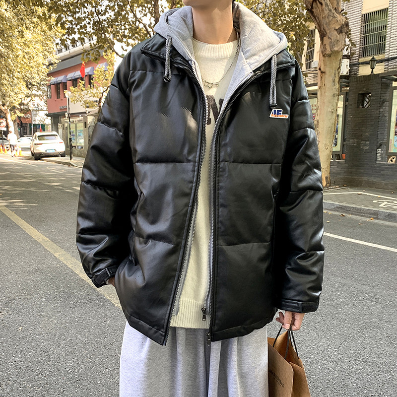 冬款男棉衣假两件PU皮连帽面包服加厚保暖棉袄休闲外套Y751,男装棉衣,星座1013-1