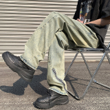 高品质夏男牛仔裤黄泥蓝侧边开叉拉链拼接直筒休闲长裤nk1033P55，男装牛仔裤，星座1013-1