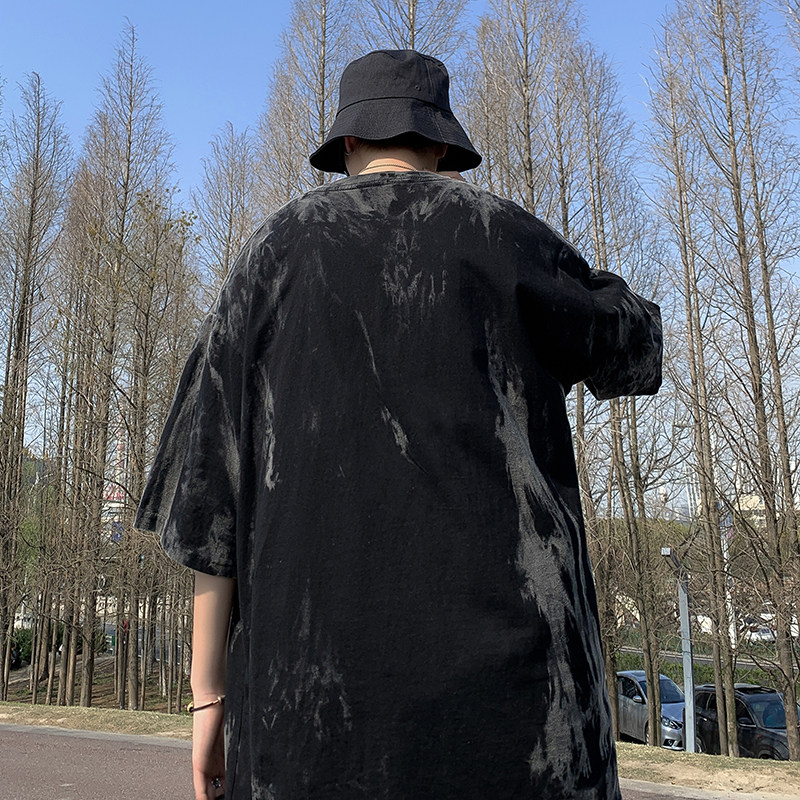 港风夏款男短袖纯棉T恤扎染水洗宽松版中长款五分袖T恤衫T017P40,男装T恤,星座1013-1