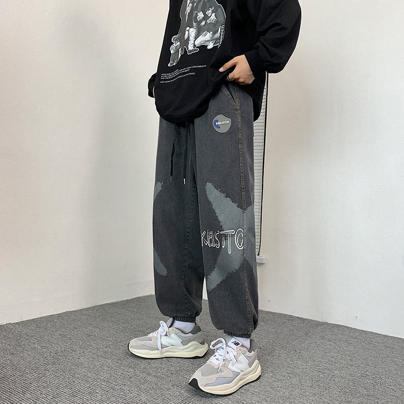 2021港风男牛仔裤字母印花十字架束脚裤九分裤nk8027P50,男装牛仔裤,星座1013-1