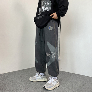 2021港风男牛仔裤字母印花十字架束脚裤九分裤nk8027 P50图片