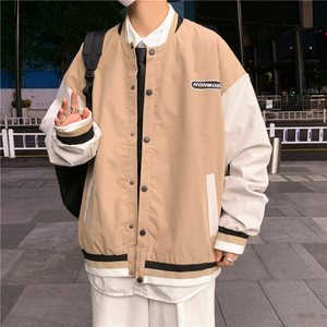 2021港风秋款男夹克条纹单排扣棒球服立领贴标休闲外套JK506 P55图片