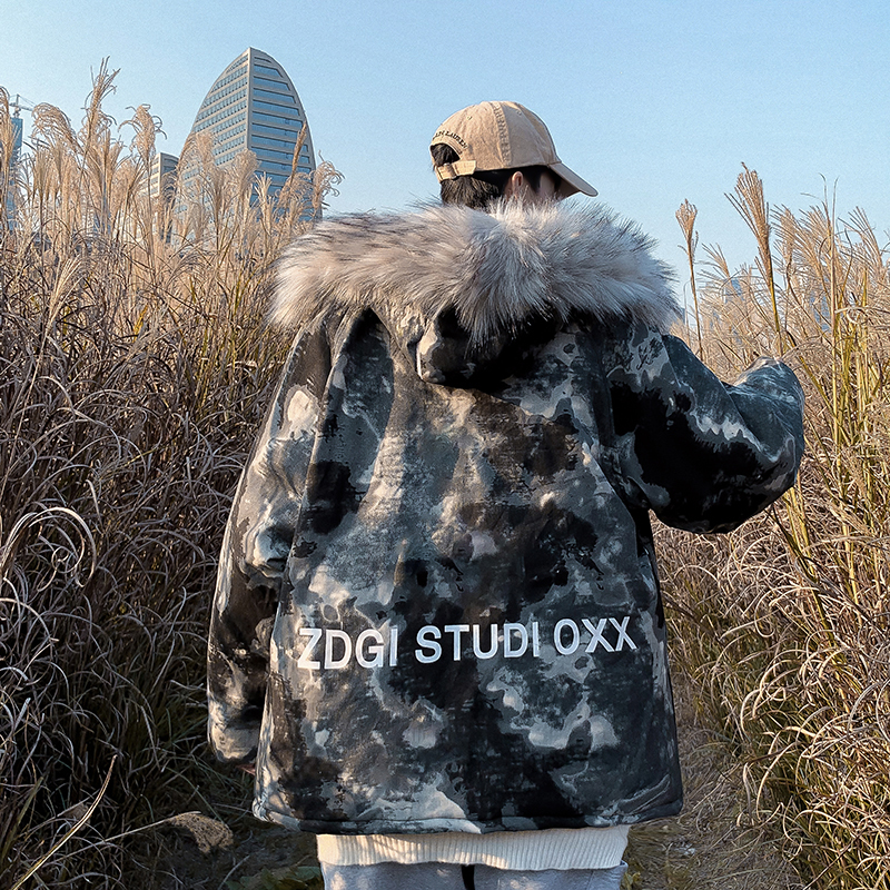 港风冬男棉衣迷彩连帽毛领加厚加绒保暖字母印花棉服外套M388，男装棉衣，星座1013-1