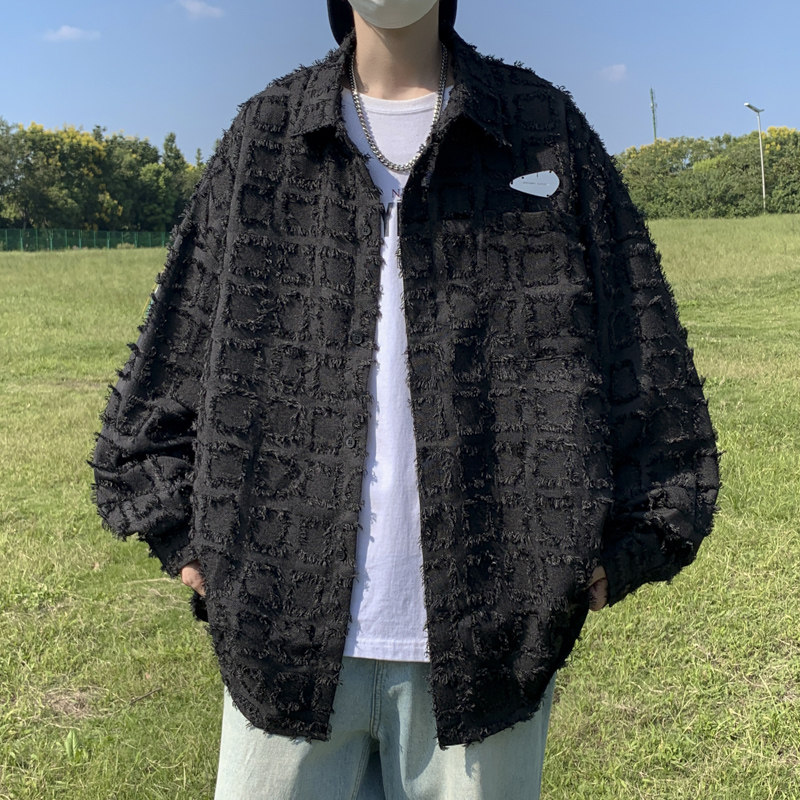 秋冬款男长袖衬衫流苏方格条纹拼接衬衣休闲外套CS019图片