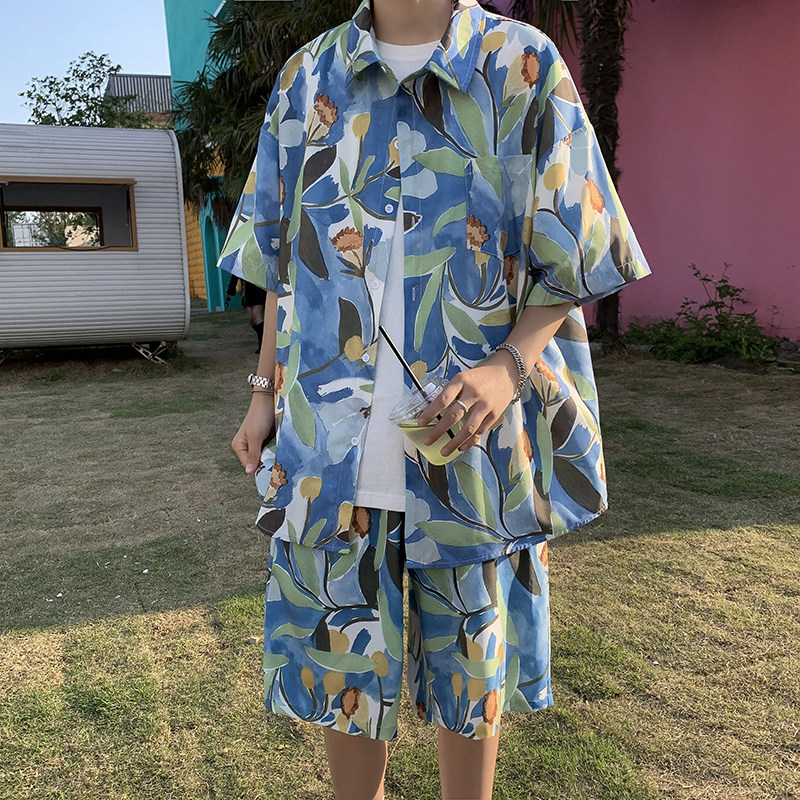 港风夏款男套装短袖花衬衫五分沙滩花短裤两件套TZ5512P50,男装休闲套装,星座1013-1