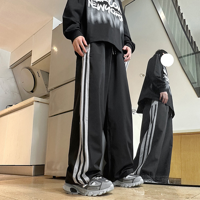 港风秋款男休闲裤抽绳双条纹拼接束脚冲锋裤长裤h953P40,男装休闲裤,星座1013-1