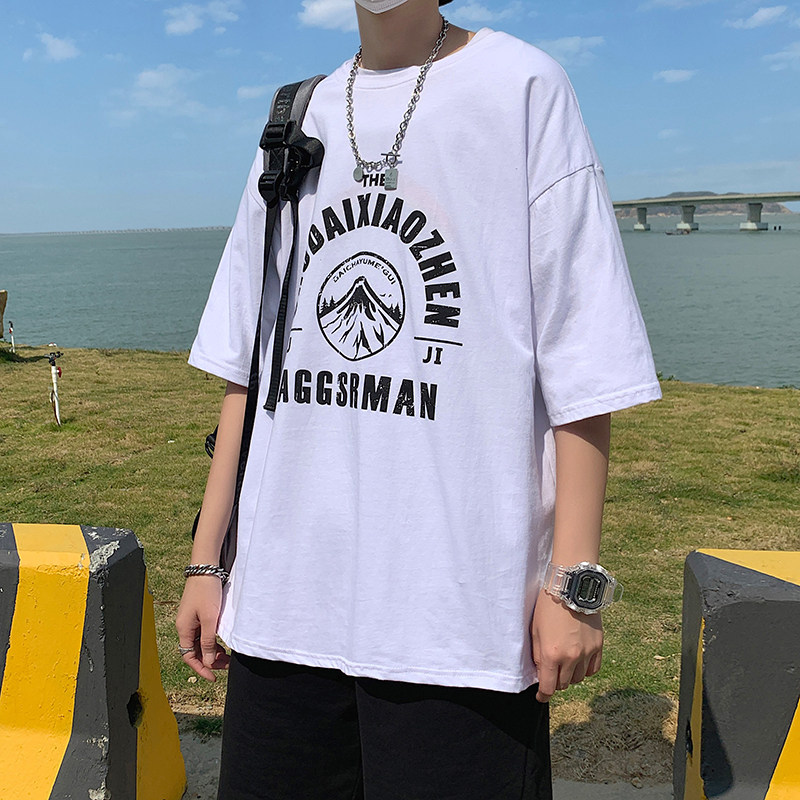 港风夏款宽松短袖纯棉T恤字母图案印花休闲五分袖T恤衫T601P25,男装T恤,星座1013-1