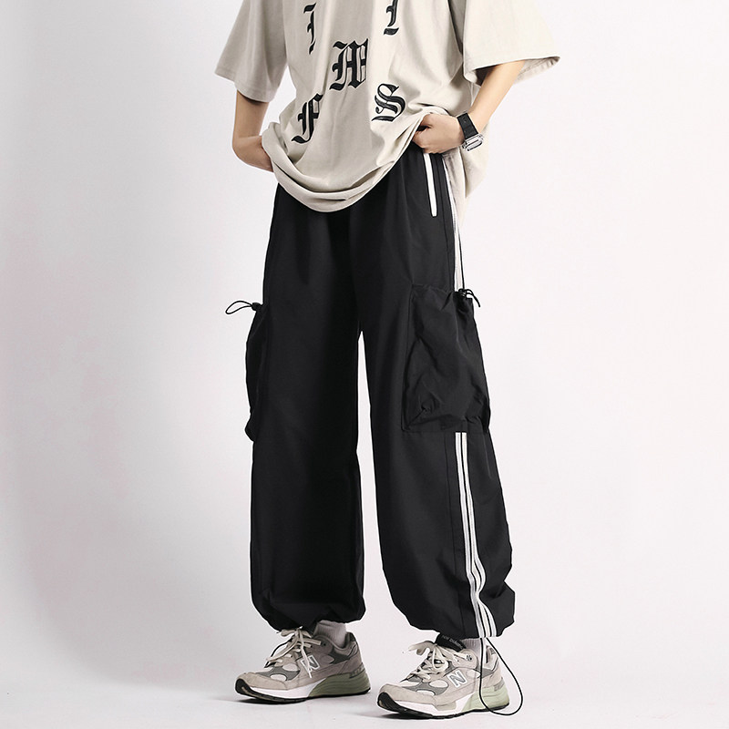 高品质夏款男裤三条杠条纹抽绳束脚裤工装拉链口袋冲锋裤h052P45,男装休闲裤,星座1013-1