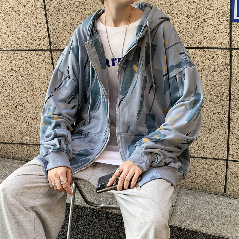 2021港风秋款男迷彩休闲卫衣扎染拉链连帽休闲外套wy32P35,男装卫衣,星座1013-1