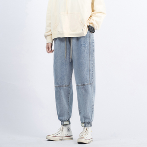日系春男牛仔裤哈伦束脚魔术贴标休闲九分裤大码M-5xl n图片
