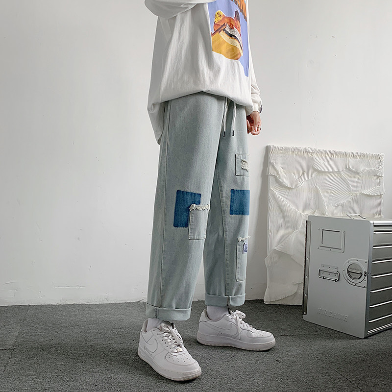 2021港风秋款男补丁破洞工装牛仔裤直筒九分裤nk803 P40图片