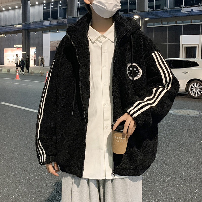 港风秋冬男棉衣连帽保暖羊羔毛笑脸印花条纹拼接外套Y8906,男装棉衣,星座1013-1
