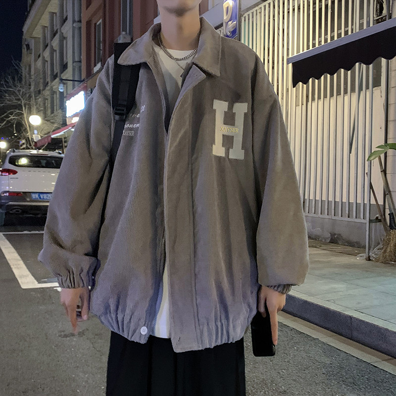 港风秋款男夹克灯芯绒字母刺绣印花休闲外套J,男装夹克,星座1013-1