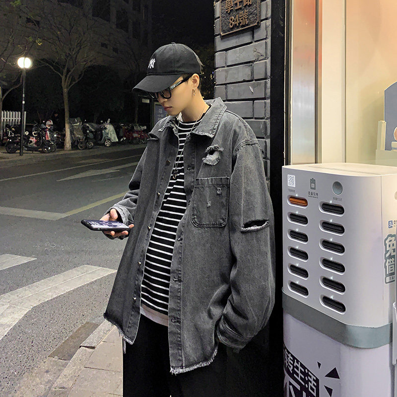 现货2020港风秋款男牛仔夹克衫破洞男宽松风衣休闲外套JK105P95,男装夹克,星座1013-1