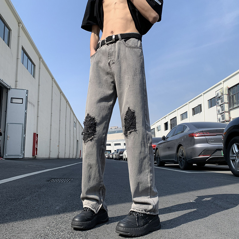 夏款男牛仔裤膝盖破洞渐变色侧边开叉拉链直筒宽松长裤nk8035P50,男装牛仔裤,星座1013-1
