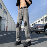 夏款男牛仔裤膝盖破洞渐变色侧边开叉拉链直筒宽松长裤nk8035P50，男装牛仔裤，星座1013-1
