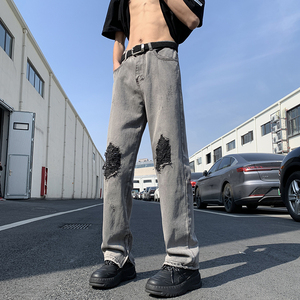 夏款男牛仔裤膝盖破洞渐变色侧边开叉拉链直筒宽松长裤nk8035 P50图片