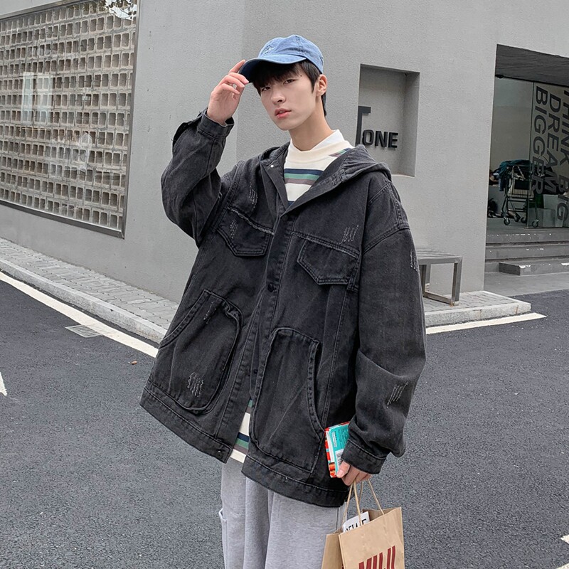 港风秋冬款男牛仔工装连帽夹克大口袋宽松休闲韩版外套JK10P75,男装夹克,星座1013-1