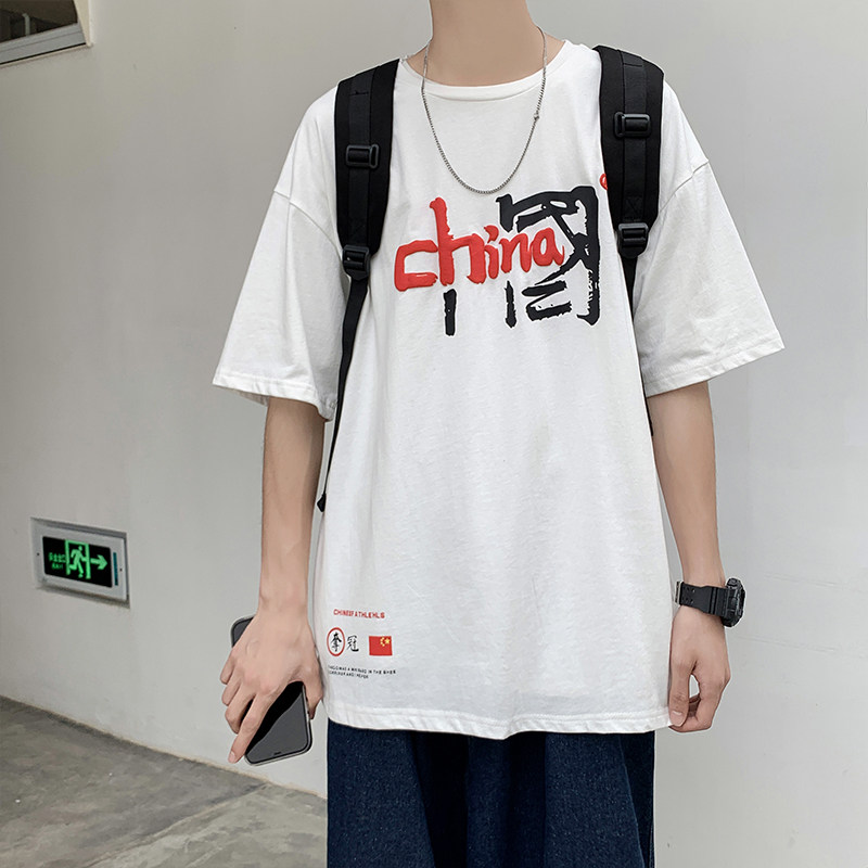 夏男短袖T恤风旗图案字母印花休闲五分袖T恤衫T65,男装T恤,星座1013-1