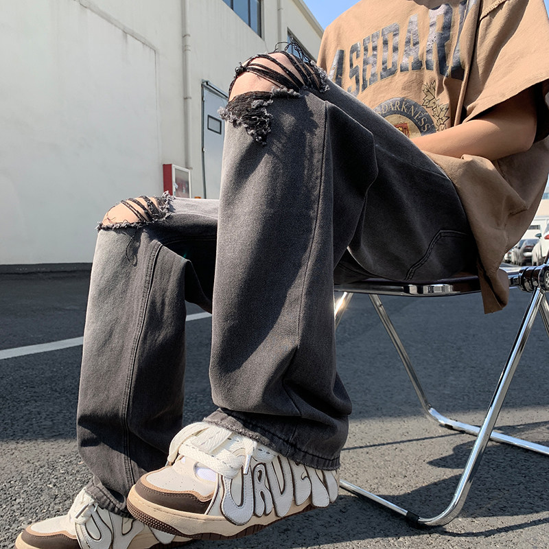 港风夏款男牛仔裤膝盖破洞直筒宽松休闲裤nk8044P45,男装牛仔裤,星座1013-1
